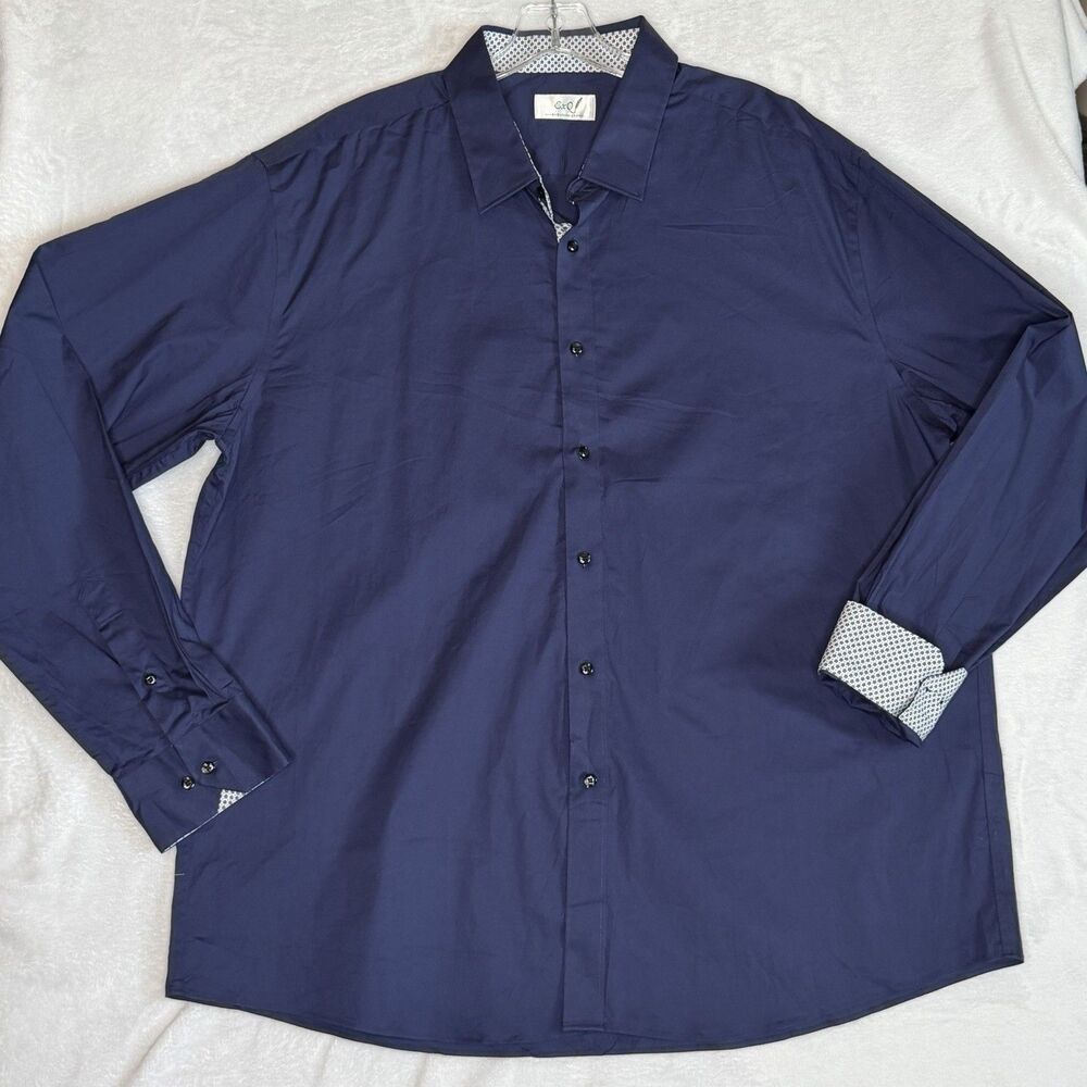 ExQuisite ZFZ Mens XXL Long Sleeve Button Up Shirt Contrast Cuff Navy Blue
